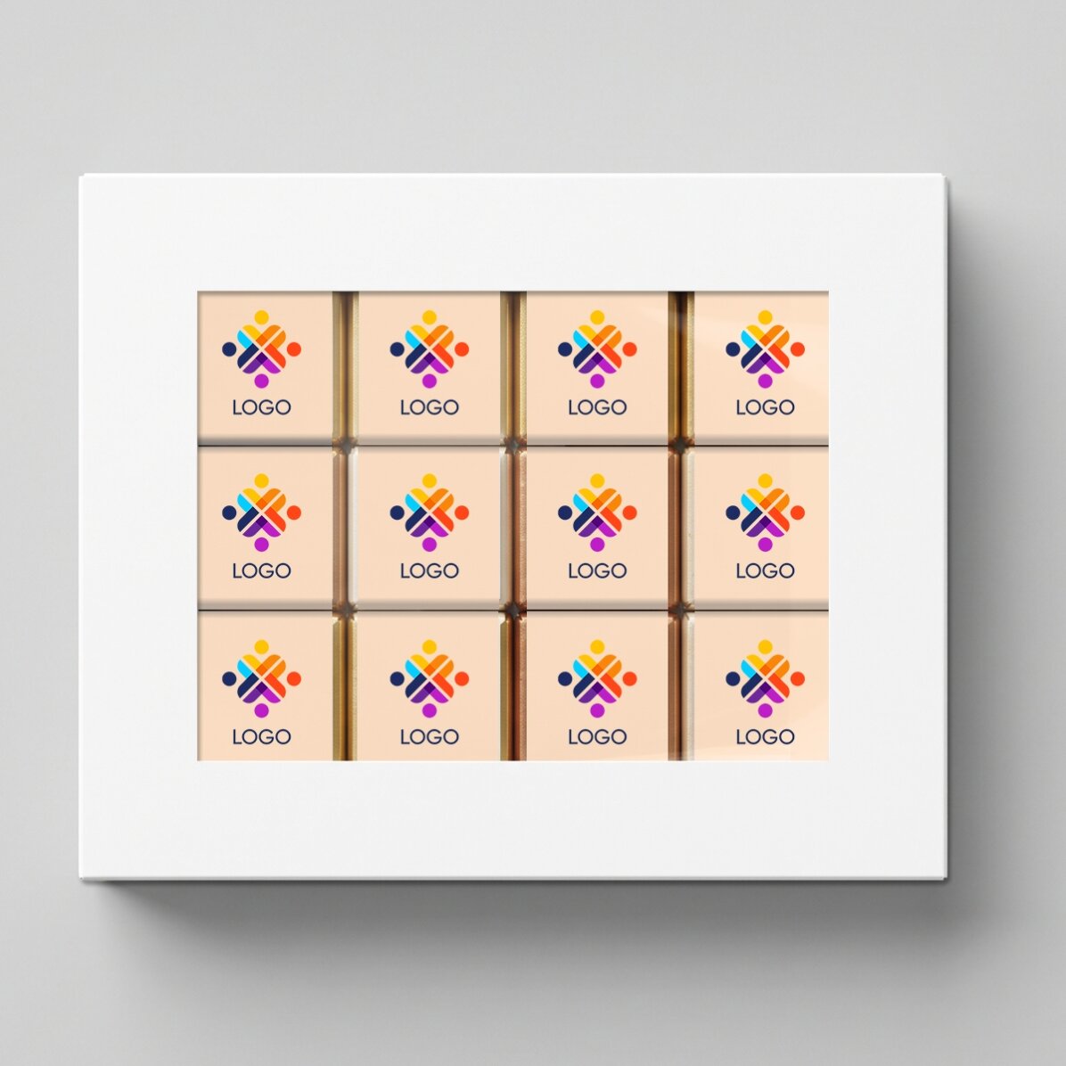 Confezione regalo con 12 mini cioccolatini personalizzati con logo