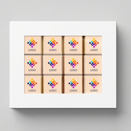 Confezione regalo con 12 mini cioccolatini personalizzati con logo
