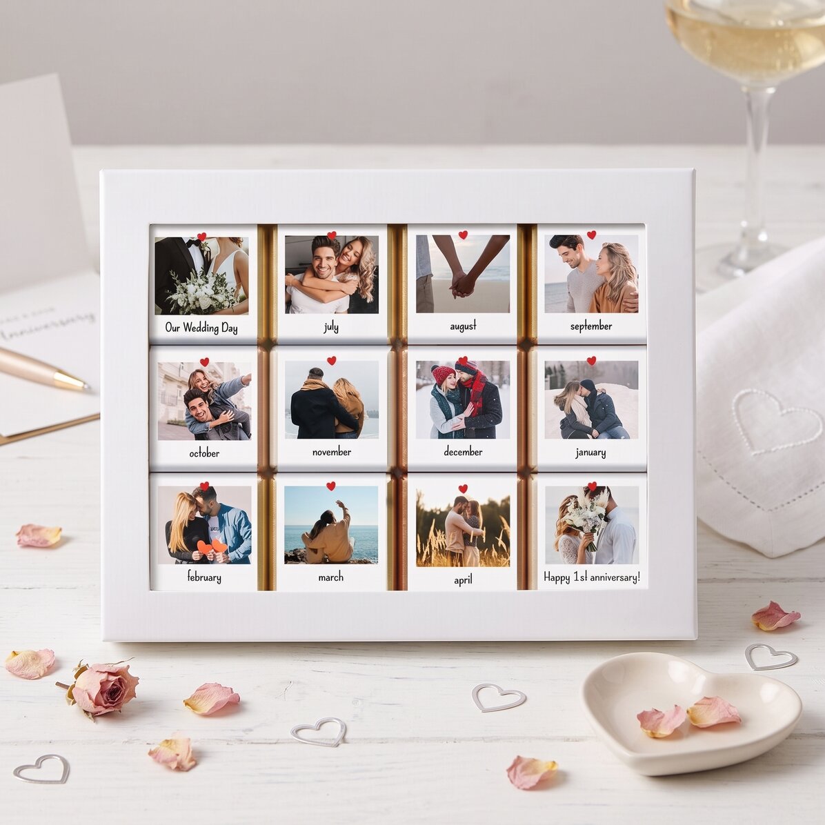 Confezione regalo con 12 mini cioccolatini personalizzati con foto e messaggi - Our Story