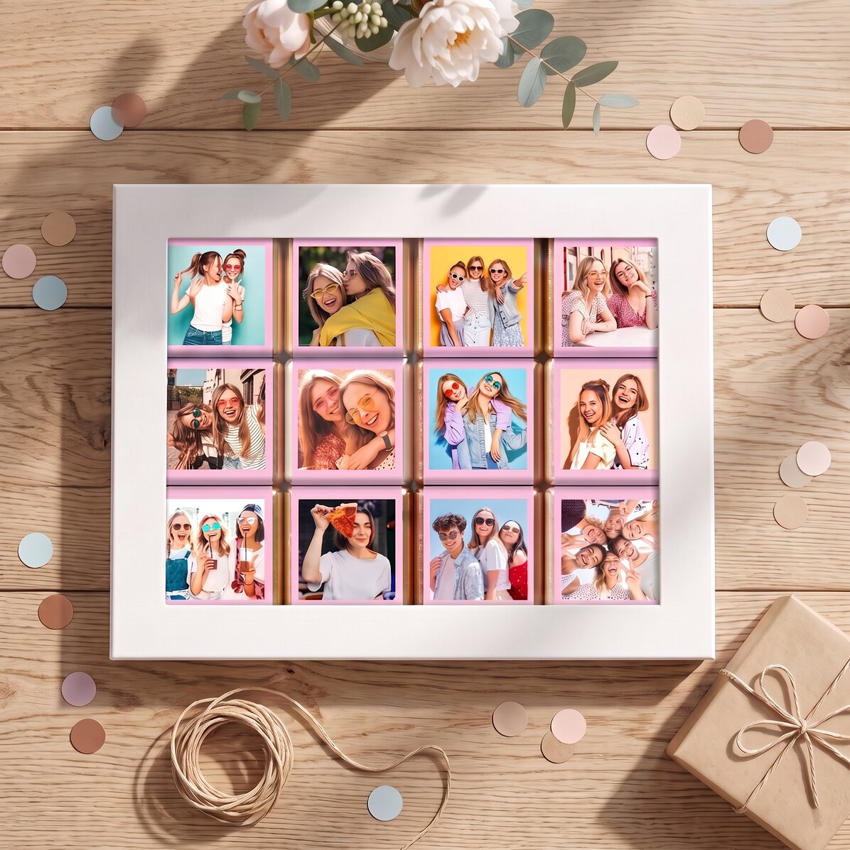 Confezione regalo con 12 mini cioccolatini personalizzati con foto