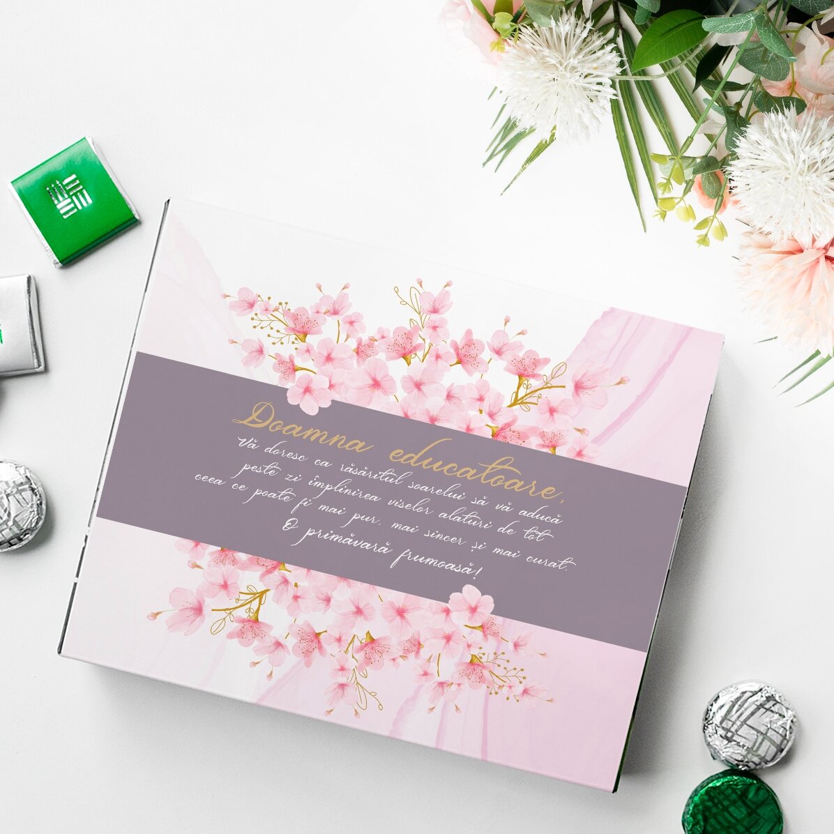 Scatola di cioccolatini personalizzata con la scritta: “Una bella primavera!”