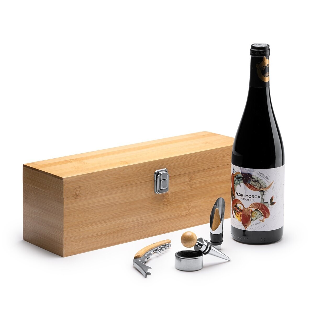 Scatola per vino in bambù con accessori, personalizzata con logo e testo