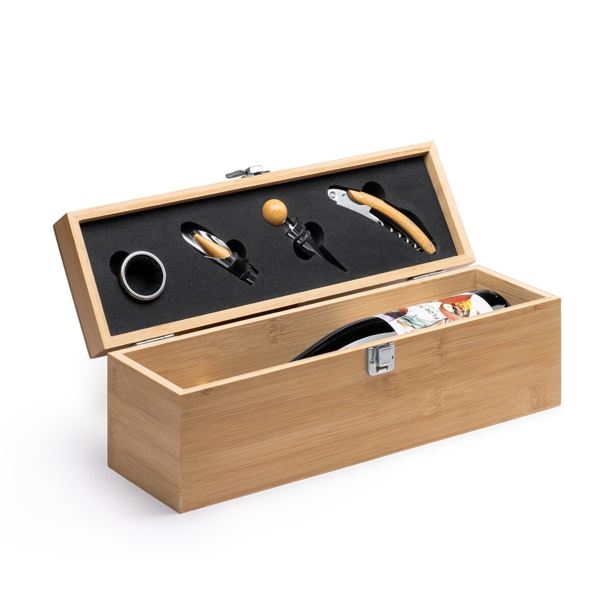 Scatola per vino in bambù con accessori, personalizzata con un messaggio - Anniversario