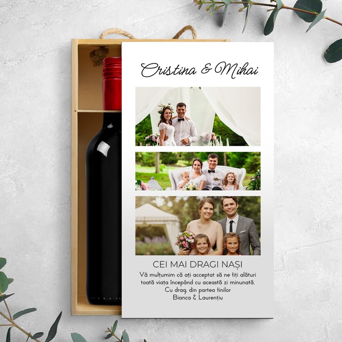Confezione per 2 bottiglie di vino personalizzata con 3 foto e un messaggio per i propri cari