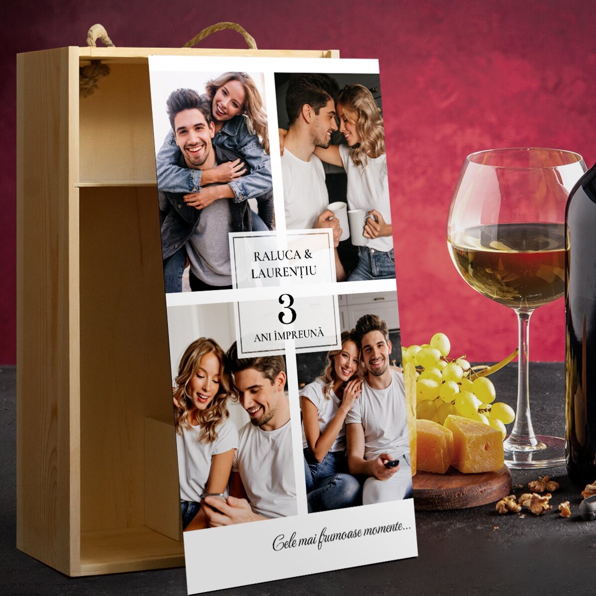 Scatola per 2 bottiglie di vino personalizzata con 4 foto e una dedica - Buon compleanno