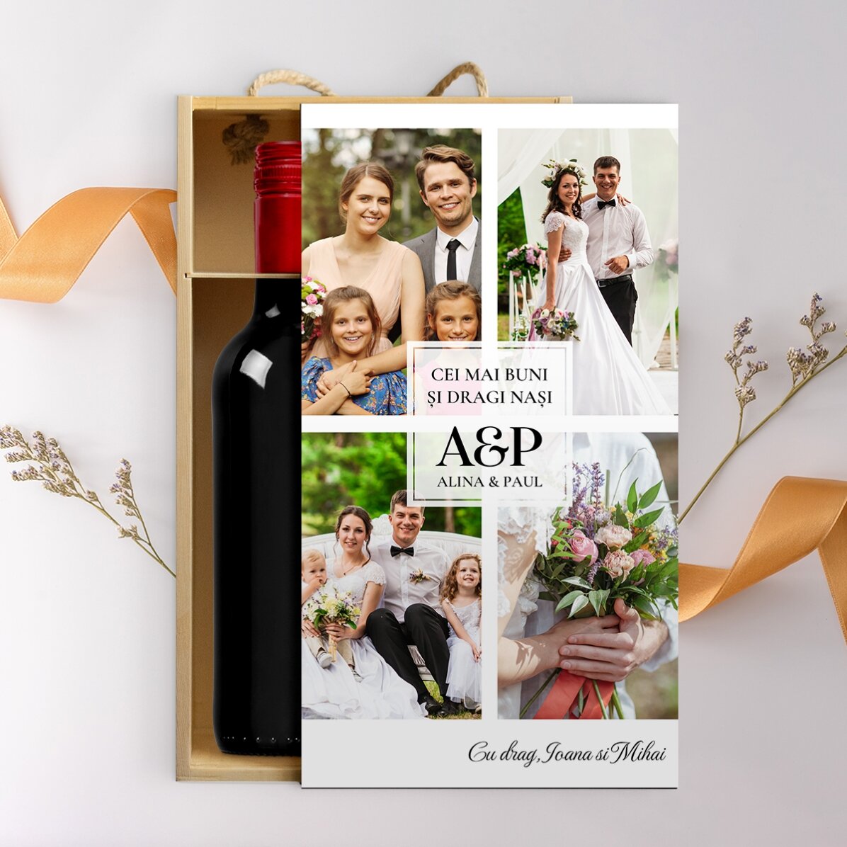 Scatola per 2 bottiglie di vino personalizzata con 4 foto e una dedica - Buon compleanno