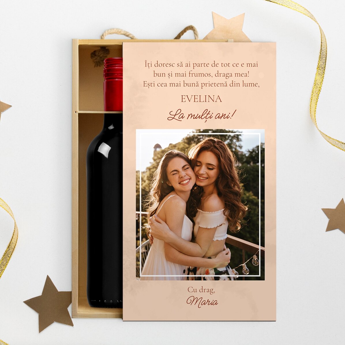 Confezione per 2 bottiglie di vino personalizzata con una foto e un messaggio - Con affetto