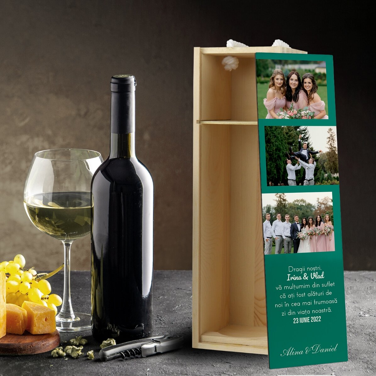 Scatola per vino personalizzata con 3 foto e un testo per i propri cari
