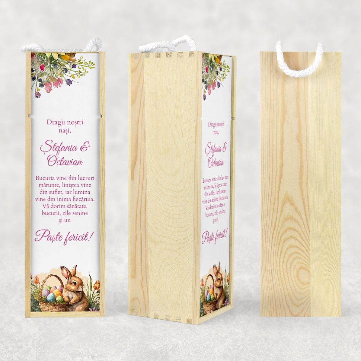 Scatola di vino personalizzata con un messaggio pasquale