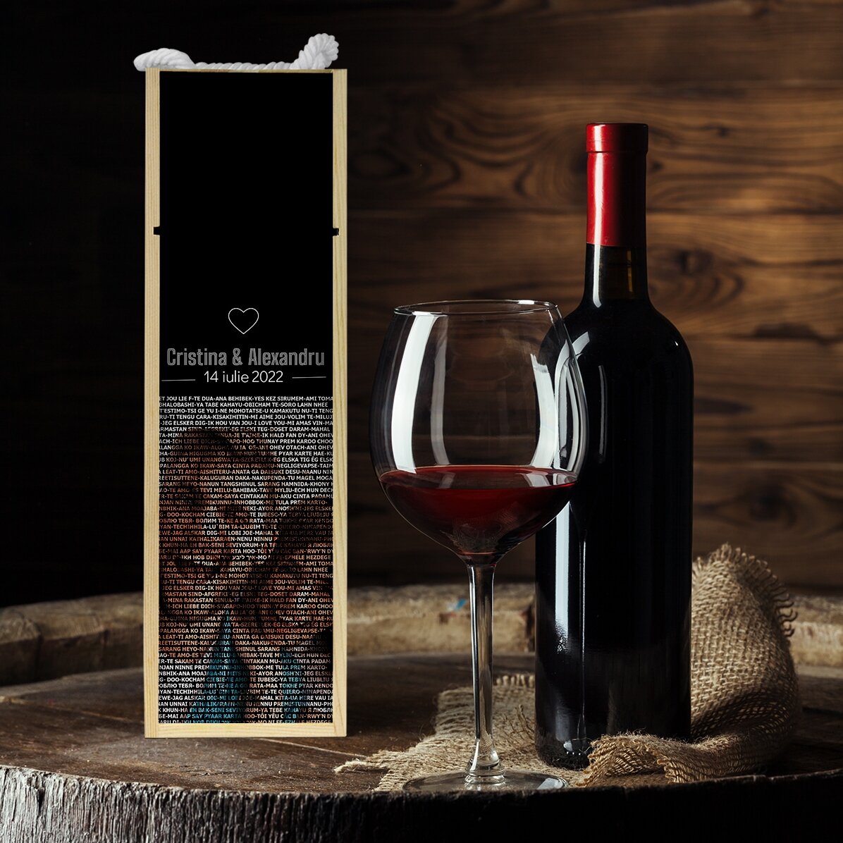 Scatola di vino personalizzata con foto e testo - Ti amo in 100 lingue
