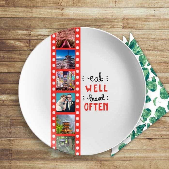 Piatto personalizzato con 6 foto - Mangia bene, viaggia spesso