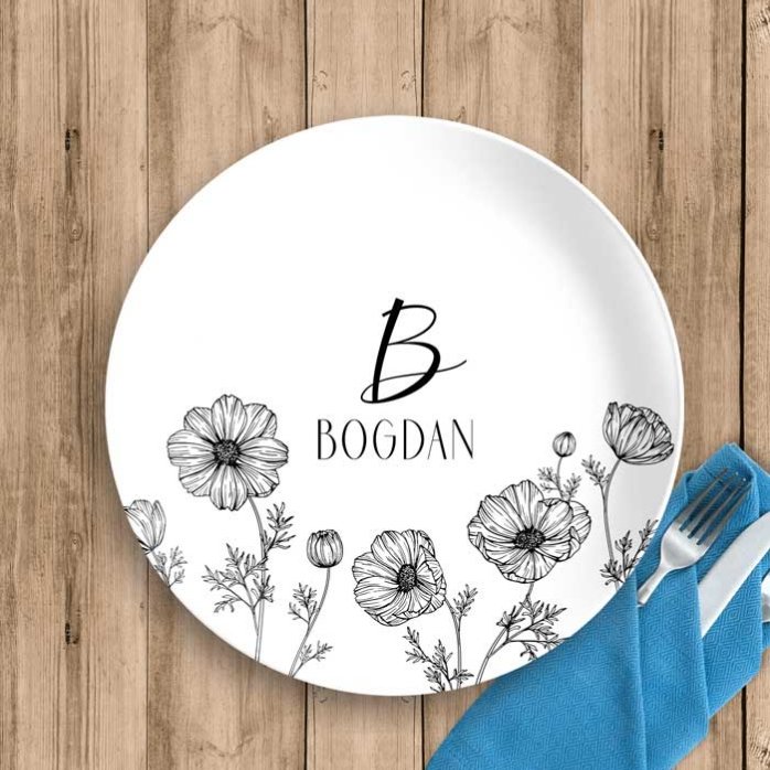 Piatto personalizzato con iniziale e testo - Flowers