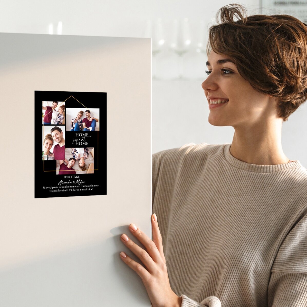 Biglietto di auguri magnetico personalizzato con 4 foto e testo per la nuova casa