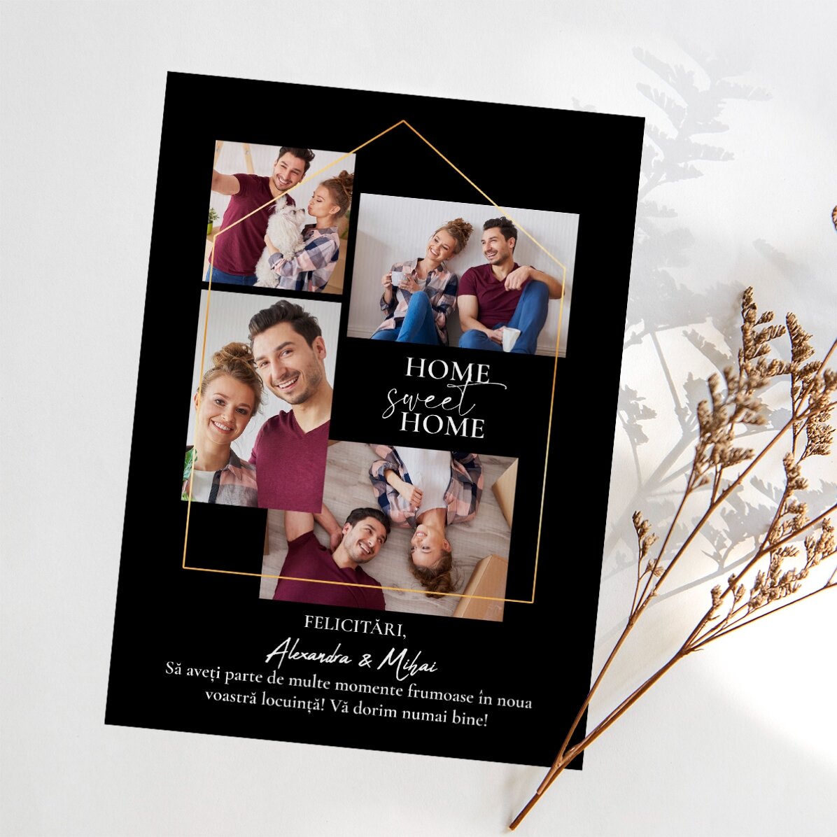 Biglietto di auguri magnetico personalizzato con 4 foto e testo per la nuova casa