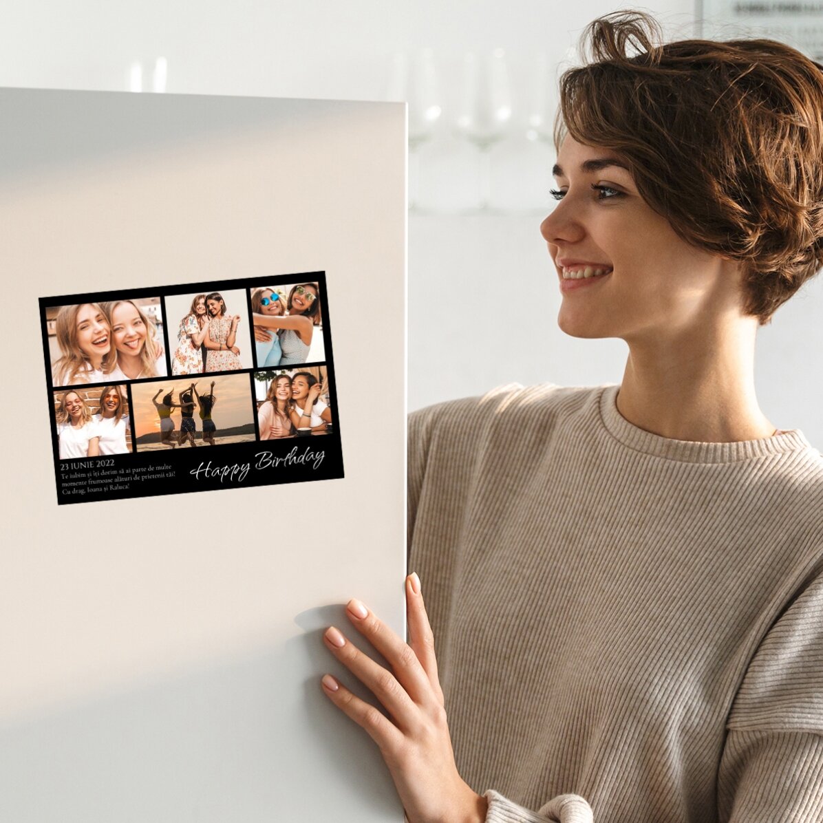 Biglietto di auguri magnetico personalizzato con 6 foto e sfondo colorato