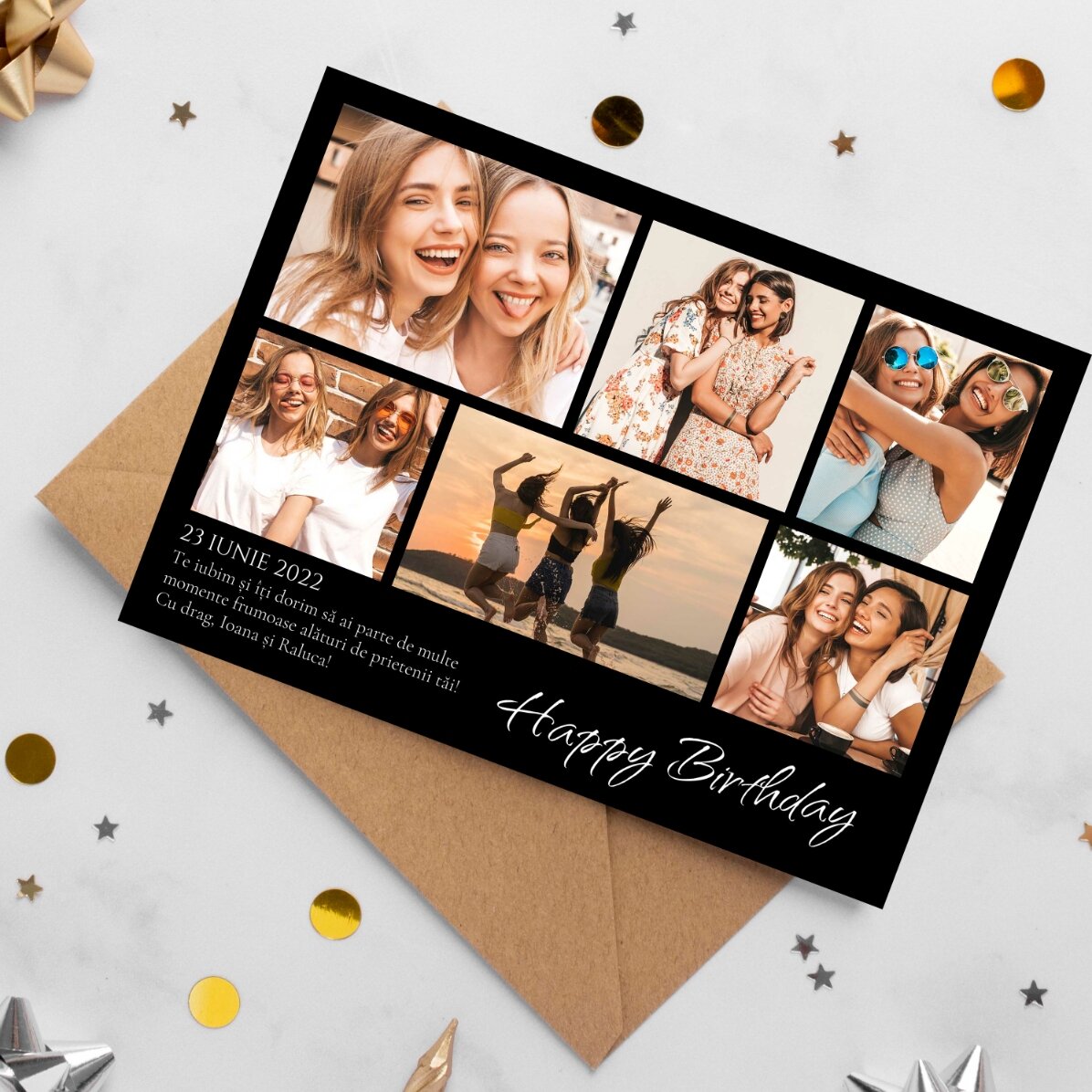 Biglietto di auguri magnetico personalizzato con 6 foto e sfondo colorato
