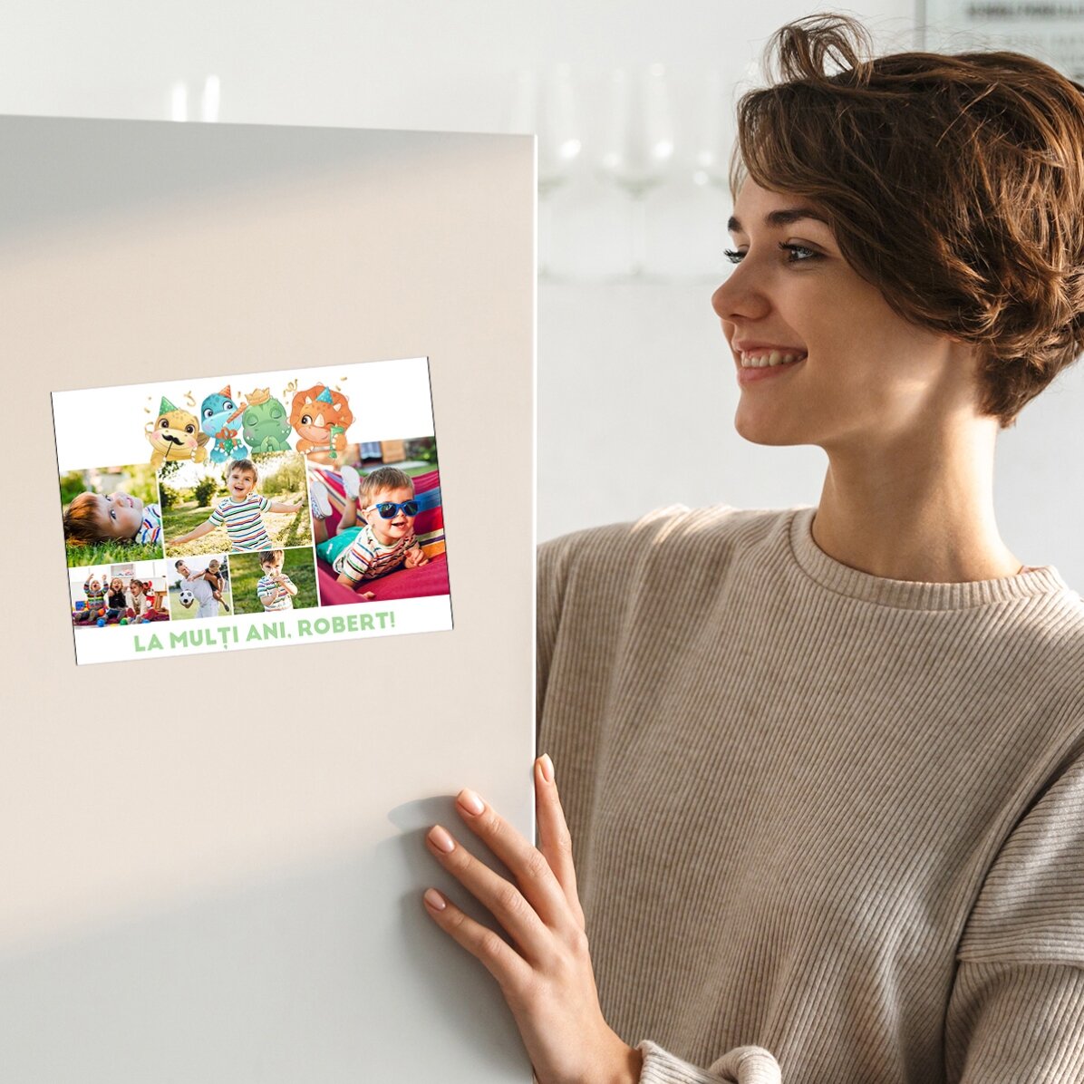 Biglietto di auguri magnetico personalizzato con 6 foto e testo - Dinosauri