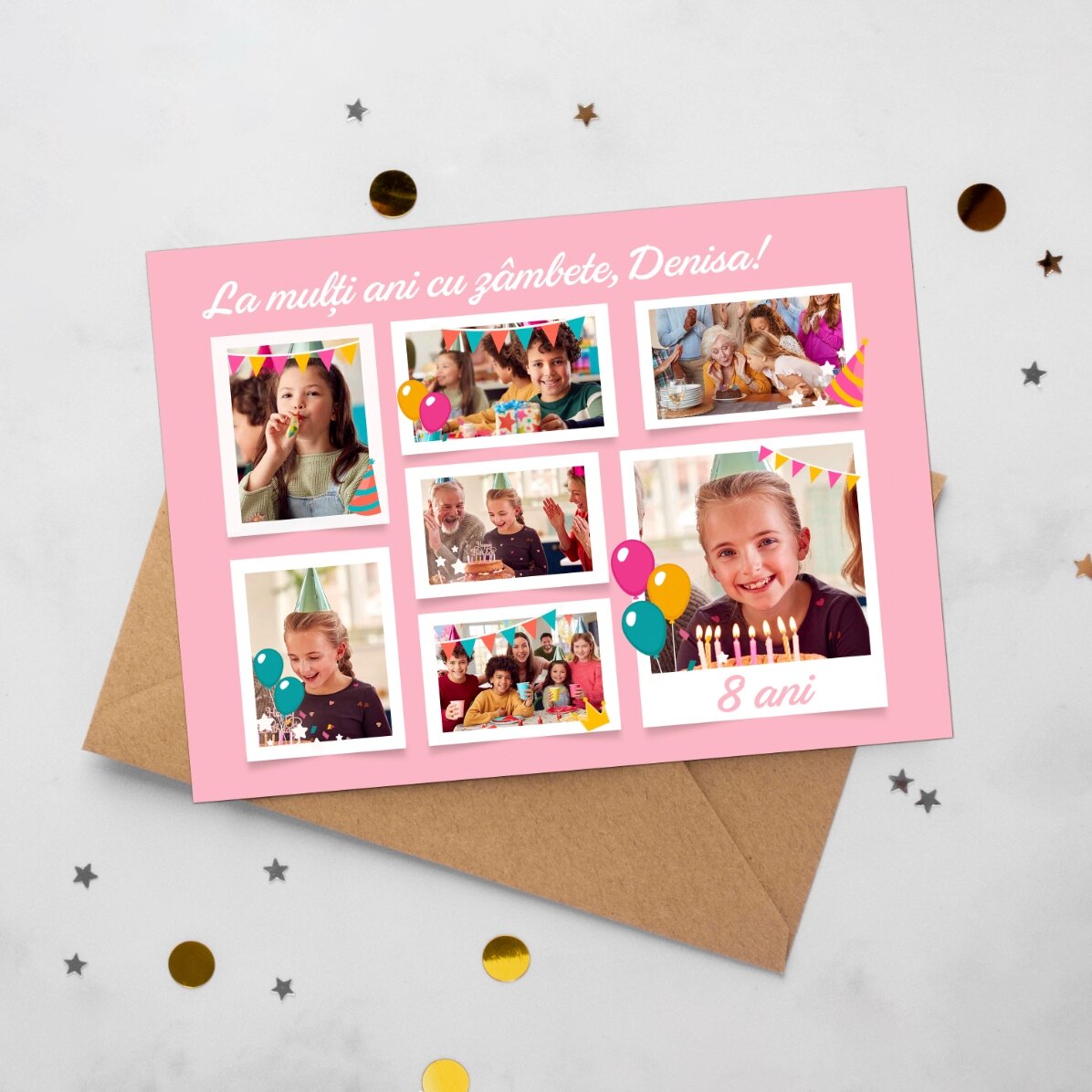 Biglietto di auguri magnetico personalizzato con 7 foto e un messaggio per i bambini