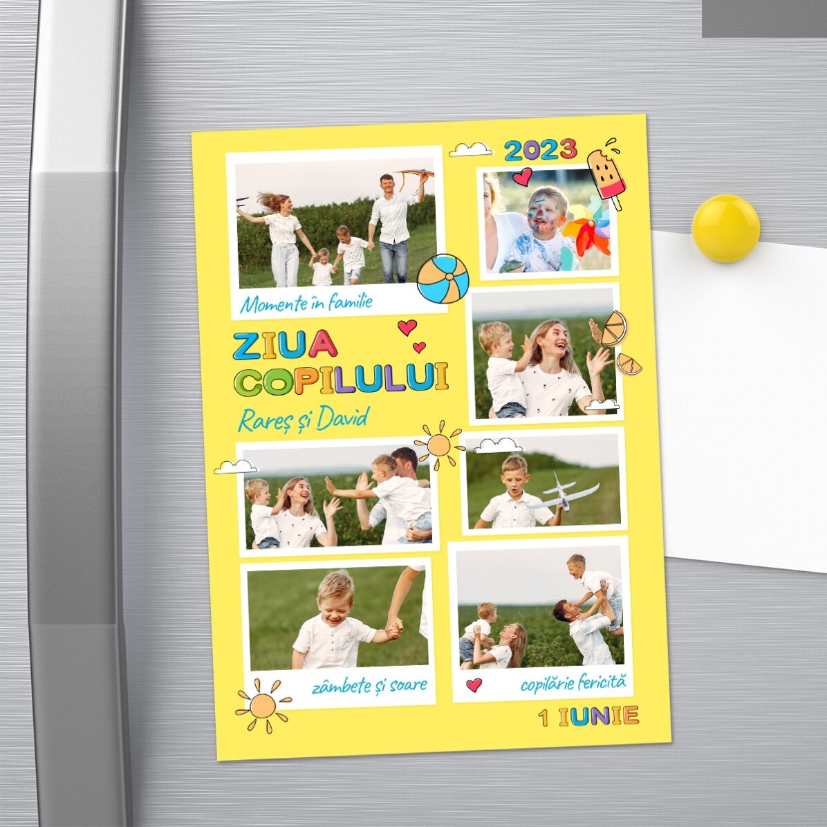 Biglietto di auguri magnetico personalizzato con 7 foto e messaggio - Festa dei bambini