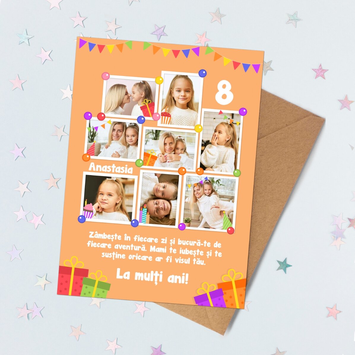 Biglietto di auguri magnetico personalizzato con 8 foto e messaggio per bambini - Compleanno