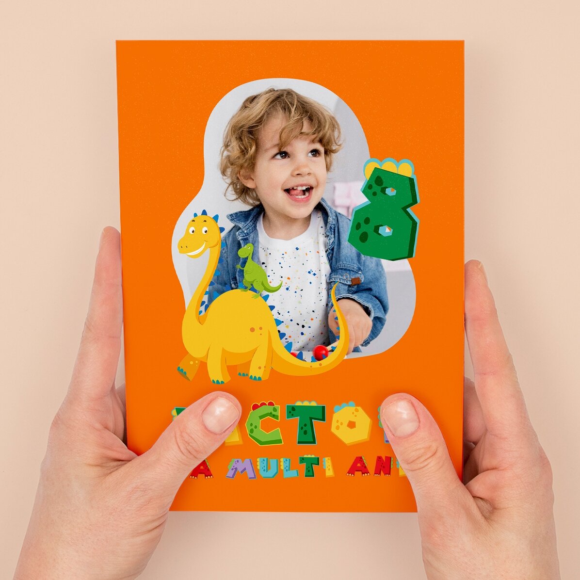 Biglietto di auguri magnetico personalizzato con foto, numero e testo - Dinosaurio