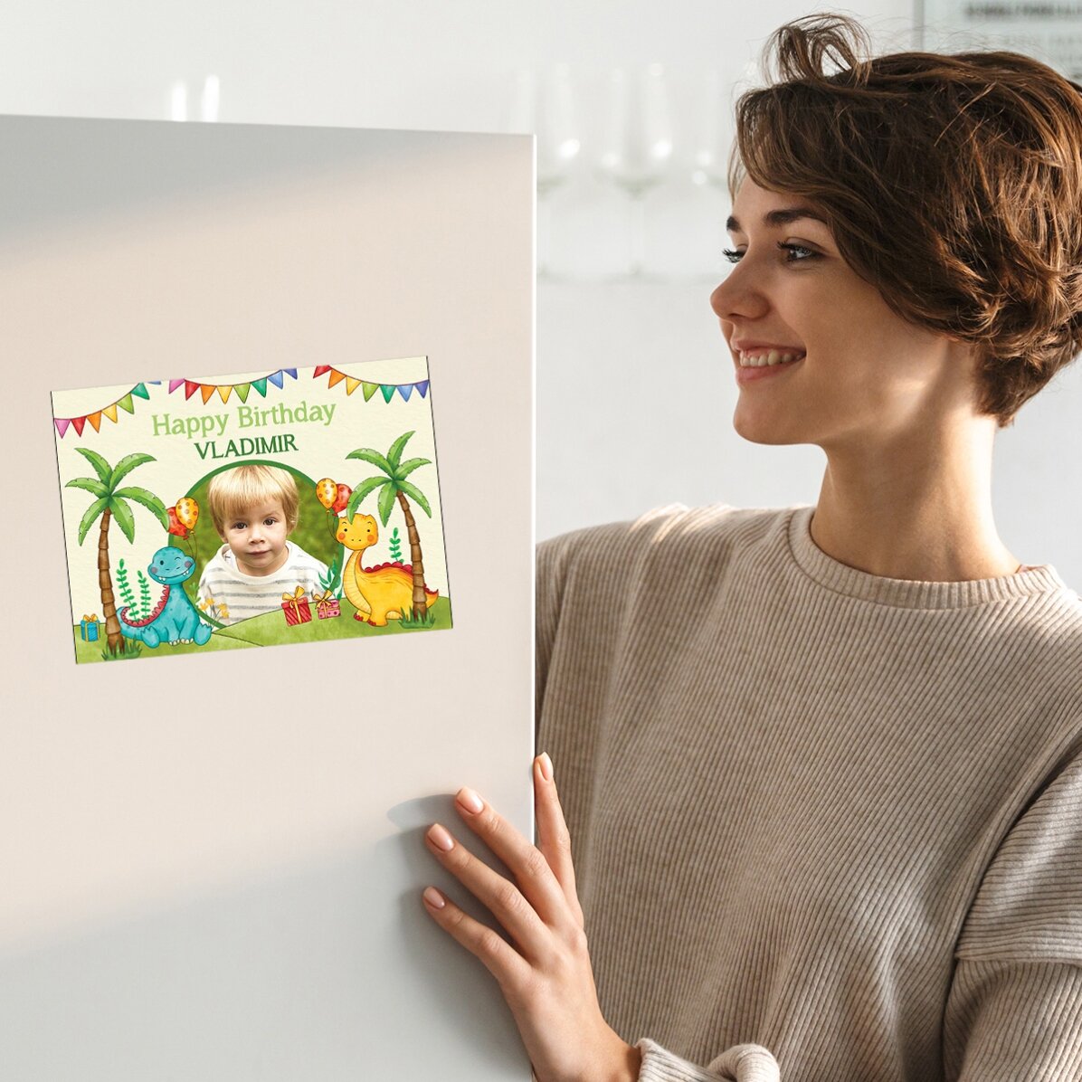 Biglietto di auguri magnetico personalizzato con foto e messaggio per bambini - Dinosauri