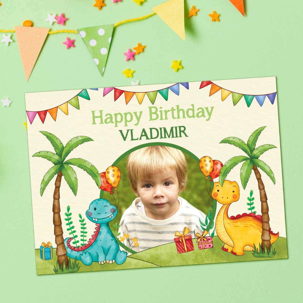 Biglietto di auguri magnetico personalizzato con foto e messaggio per bambini - Dinosauri