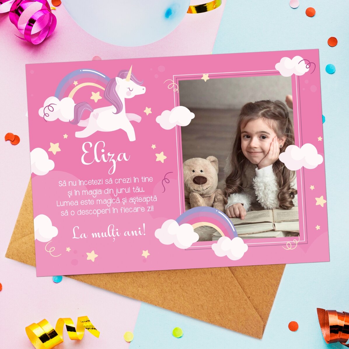 Biglietto di auguri magnetico personalizzato con foto e messaggio per bambini - Unicorno