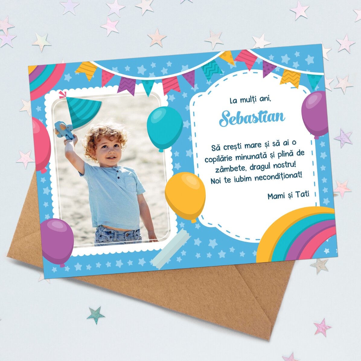 Biglietto di auguri magnetico personalizzato con foto e messaggio per bambini