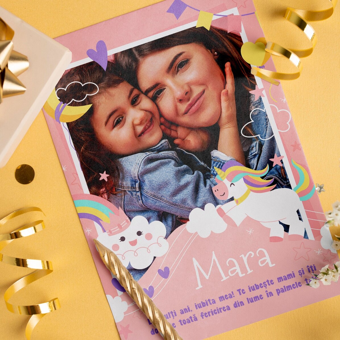 Biglietto di auguri magnetico personalizzato con foto e testo - Arcobaleni e unicorni