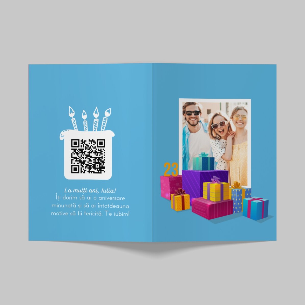 Biglietto di auguri personalizzato con foto, testo e codice QR - Buon compleanno
