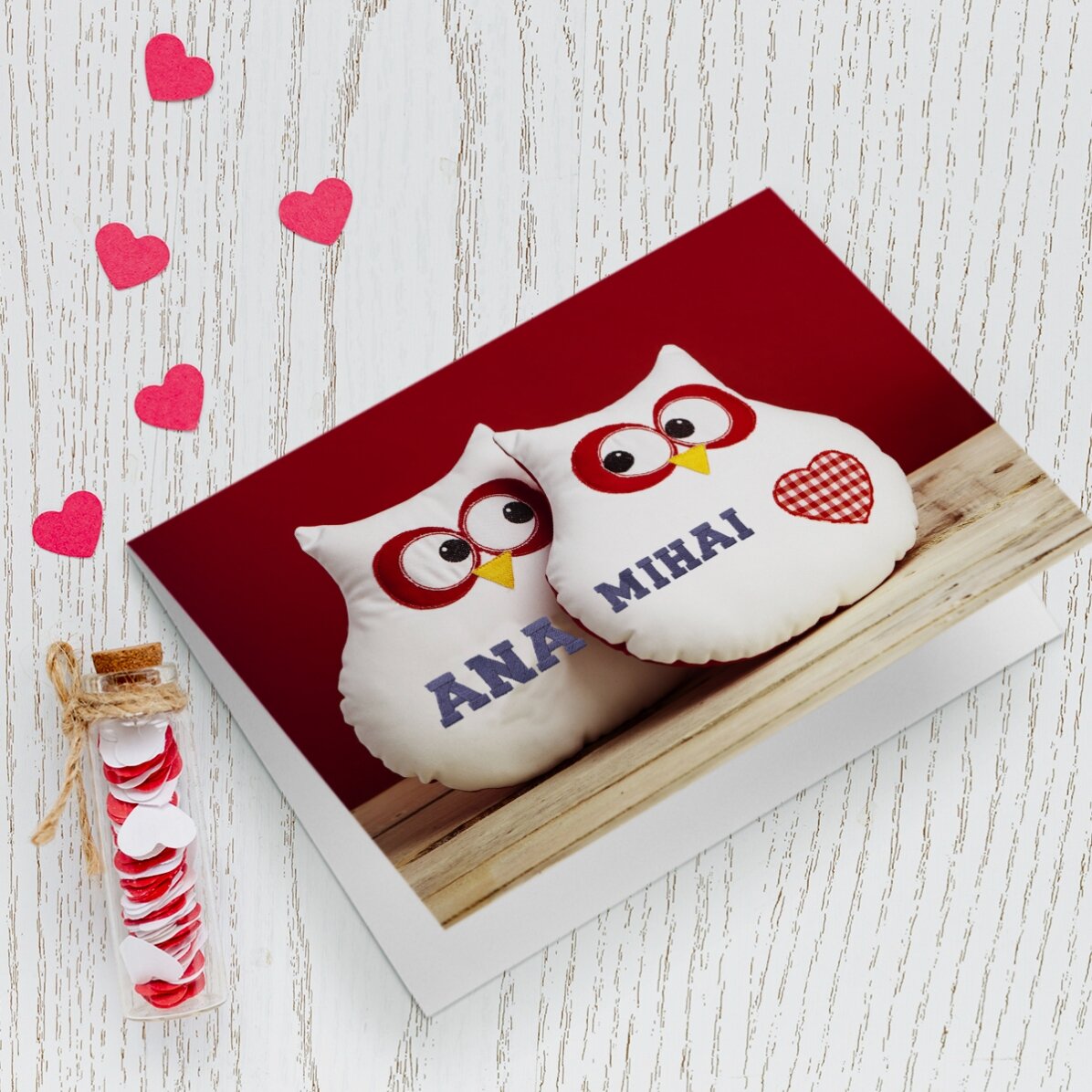 Biglietto di auguri personalizzato con gufi e cuoricini