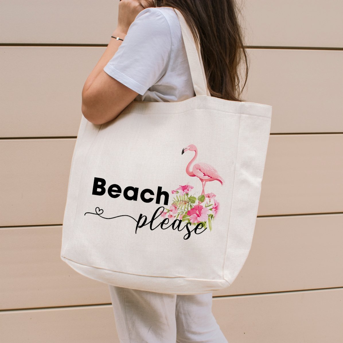 Borsa da spiaggia personalizzata con scritta - Modello "Beach please" con fenicotteri