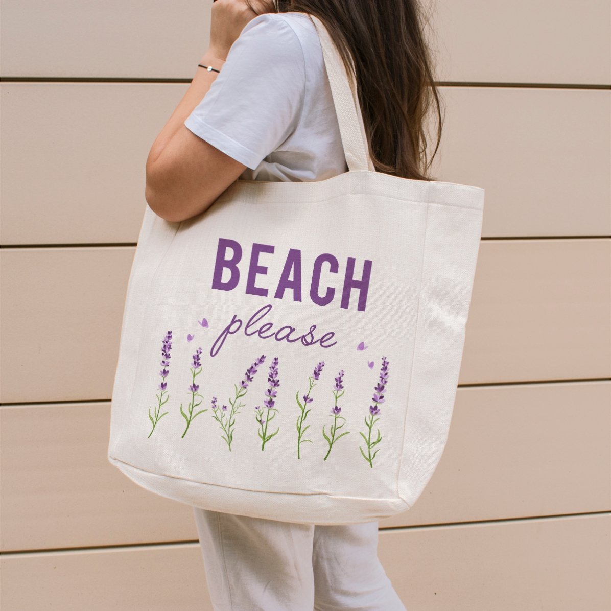 Borsa da spiaggia personalizzata con scritta - Modello "Beach please" color lavanda