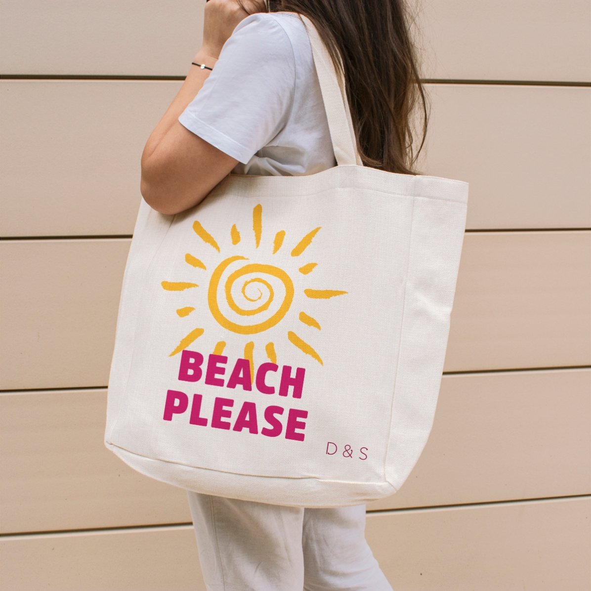 Borsa da spiaggia personalizzata con scritta - Modello "Beach please" con motivo a sole