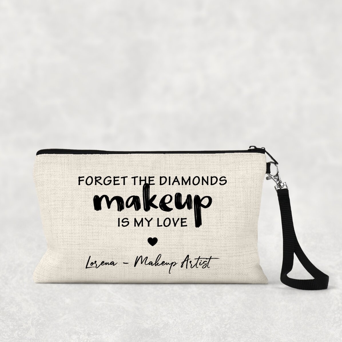Borsetta per cosmetici personalizzata con la scritta "I love makeup"