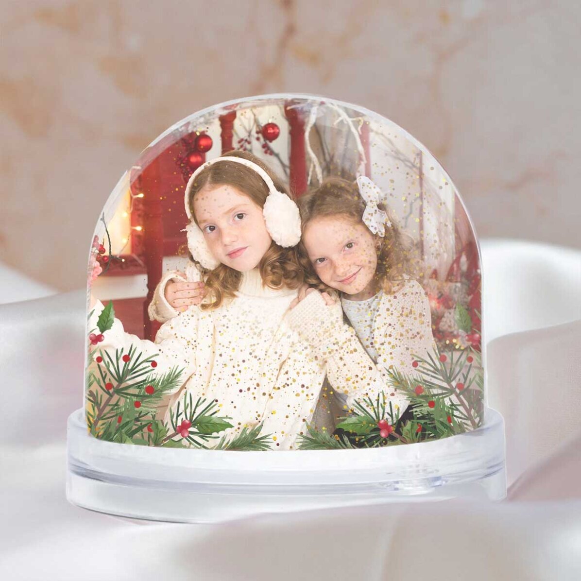 Globo da scrivania personalizzato con messaggio e 2 foto - Buon Natale!