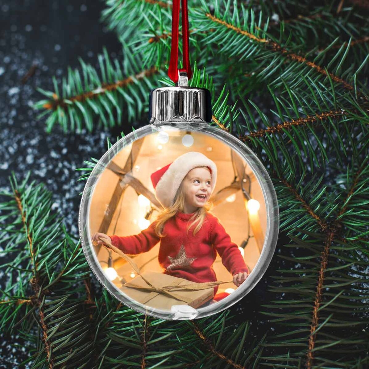 Globo trasparente personalizzato su entrambi i lati con una foto e un messaggio - Buon Natale!
