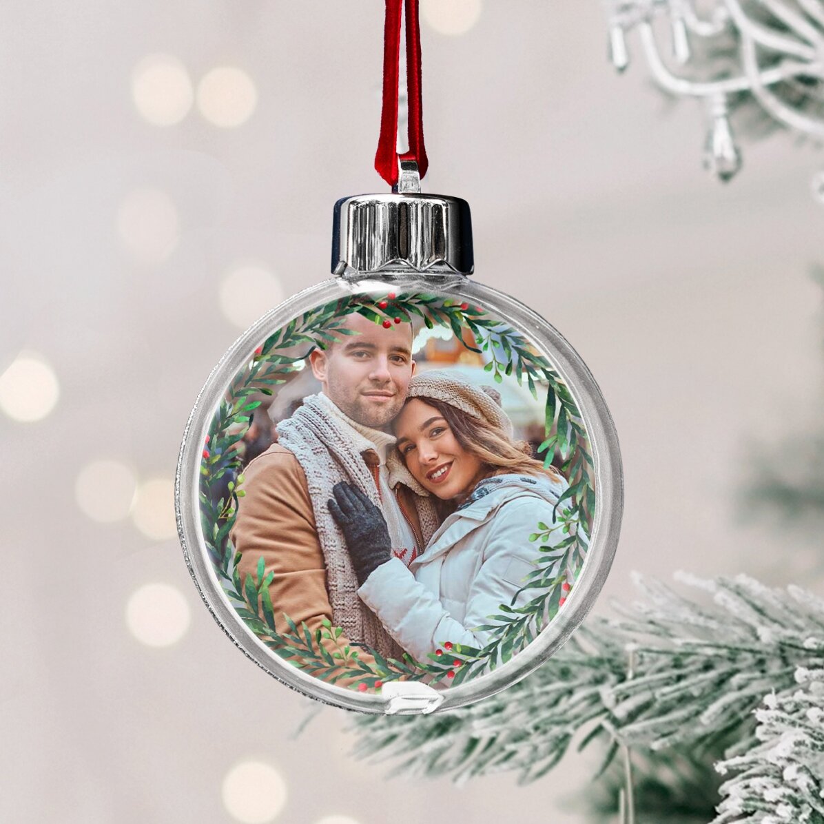 Globo trasparente personalizzato su entrambi i lati con una foto e un messaggio - Il primo Natale in