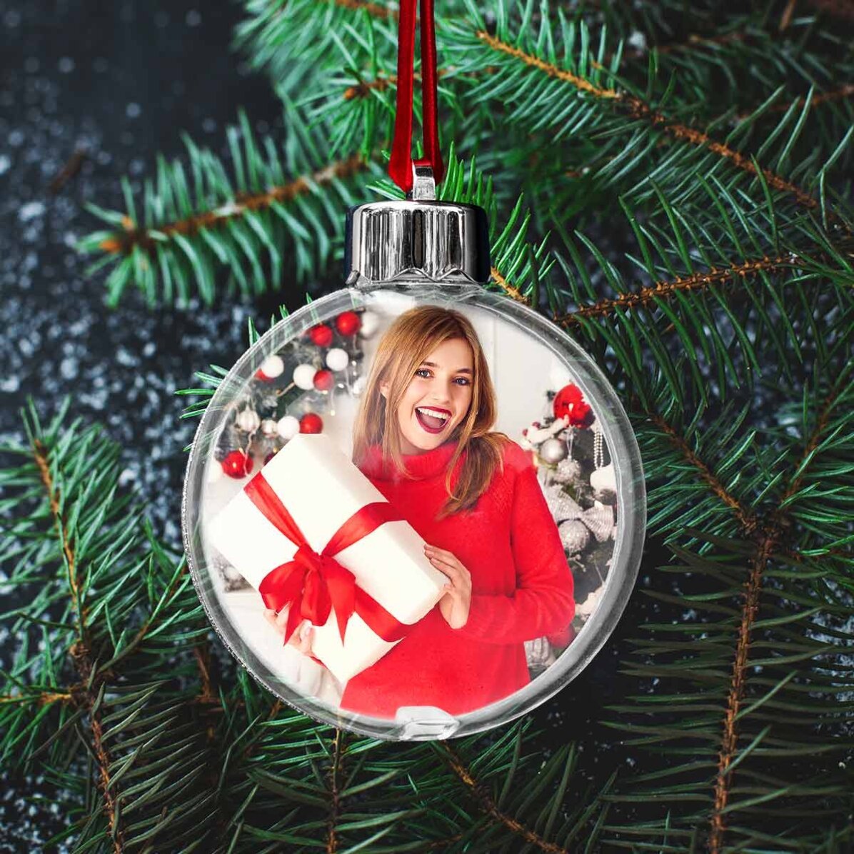 Globo trasparente personalizzato su entrambi i lati con una foto e una scritta - Buon Natale!