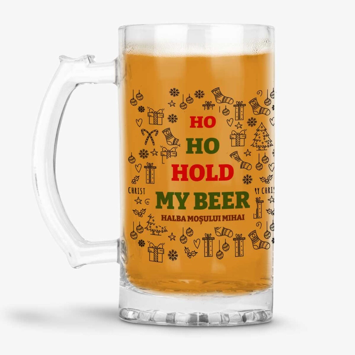 Boccale da birra personalizzato con una frase natalizia - Ho Ho Hold My Beer