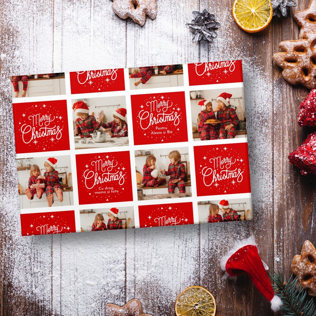 Carta da regalo personalizzata con 12 foto e testo - Quadrati e messaggi natalizi