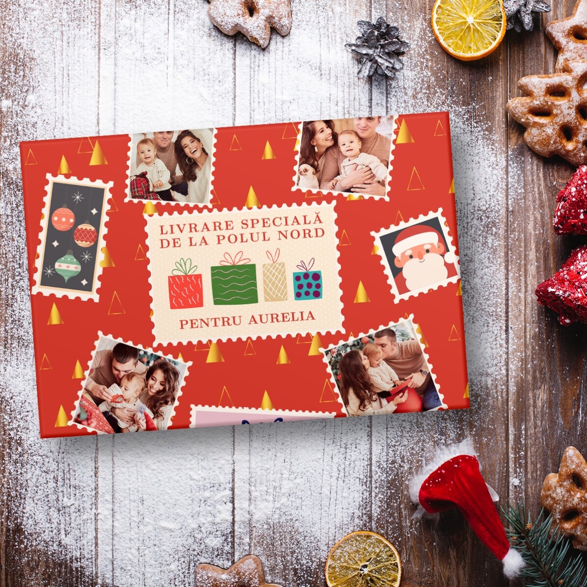 Carta da regalo personalizzata con 4 foto e testo - Francobolli di Natale