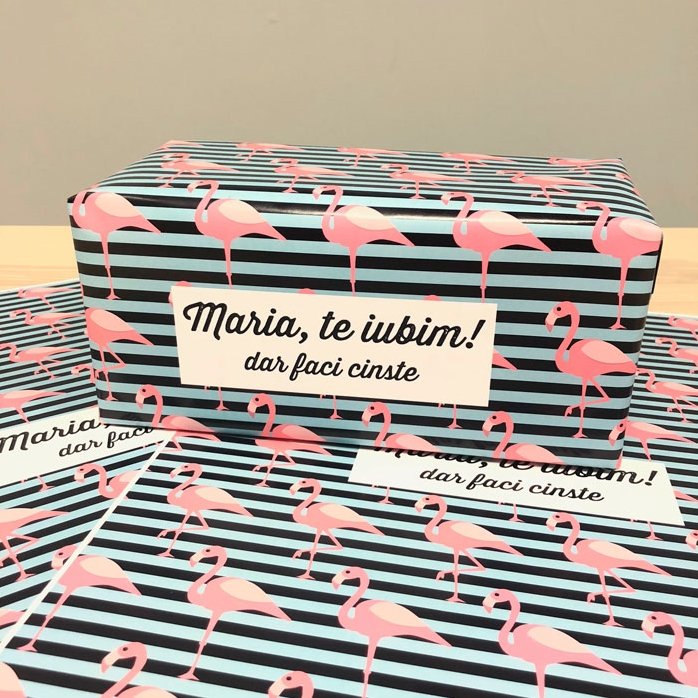 Personalised gift wrapping paper - flamingo design, with text in a border