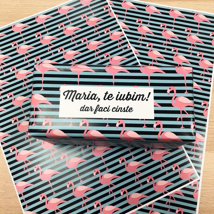 Personalised gift wrapping paper - flamingo design, with text in a border
