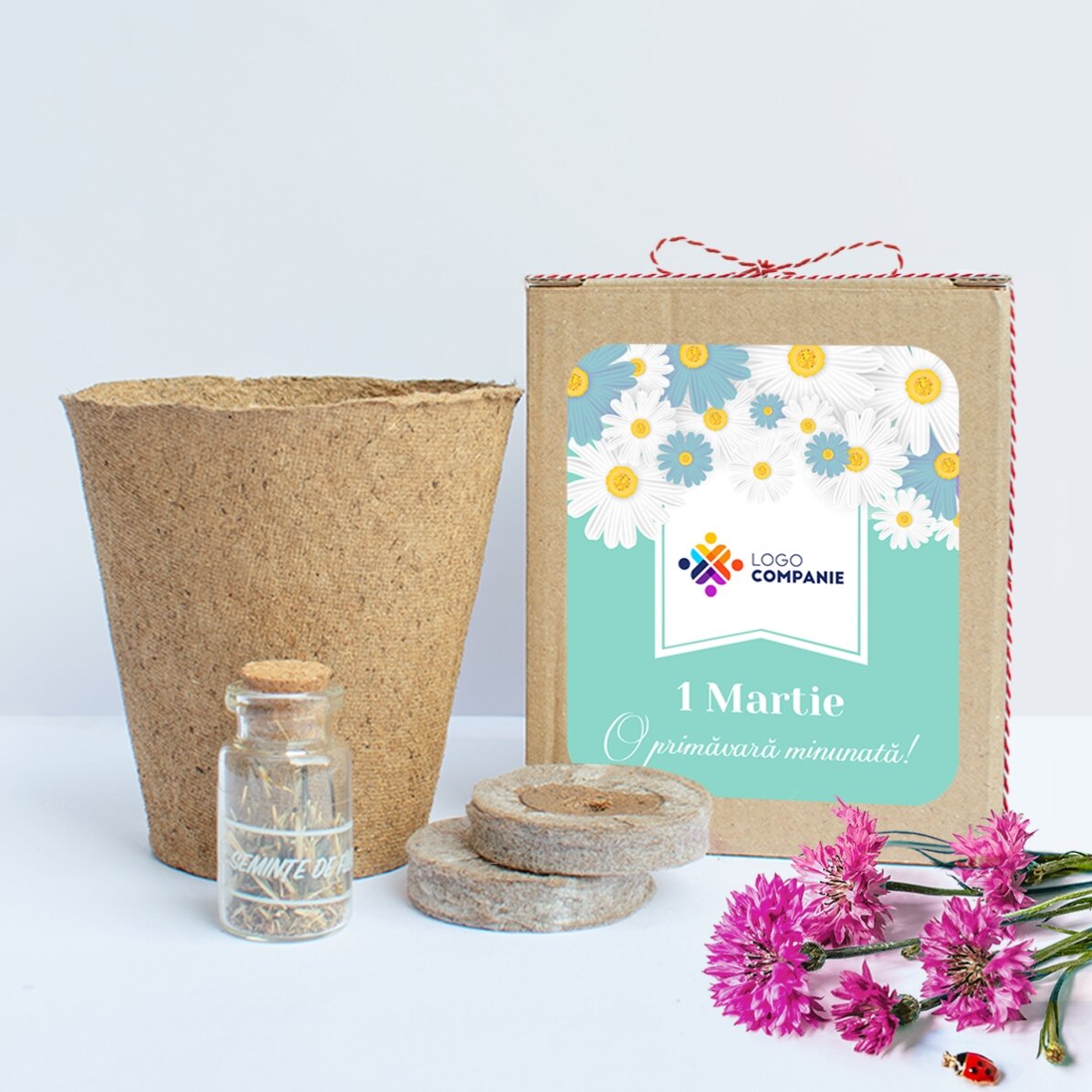 Kit per piantare fiori primaverili in una scatolina personalizzata con logo e messaggio - Floral