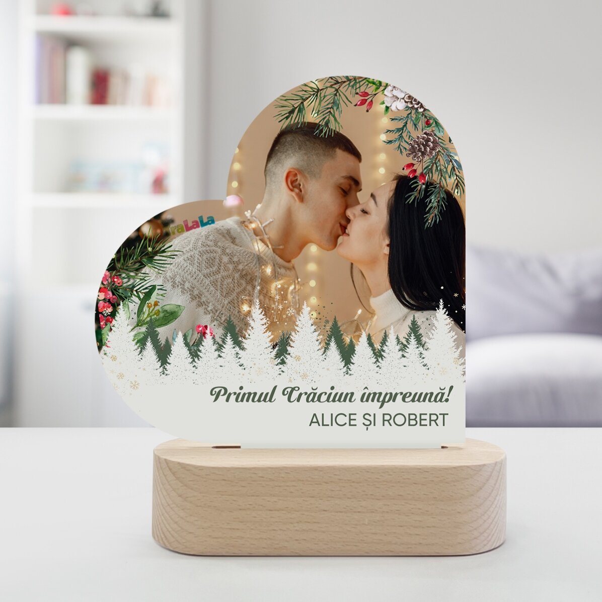 Lampada da comodino a LED a forma di cuore personalizzata con una foto e un messaggio - Buon Natale