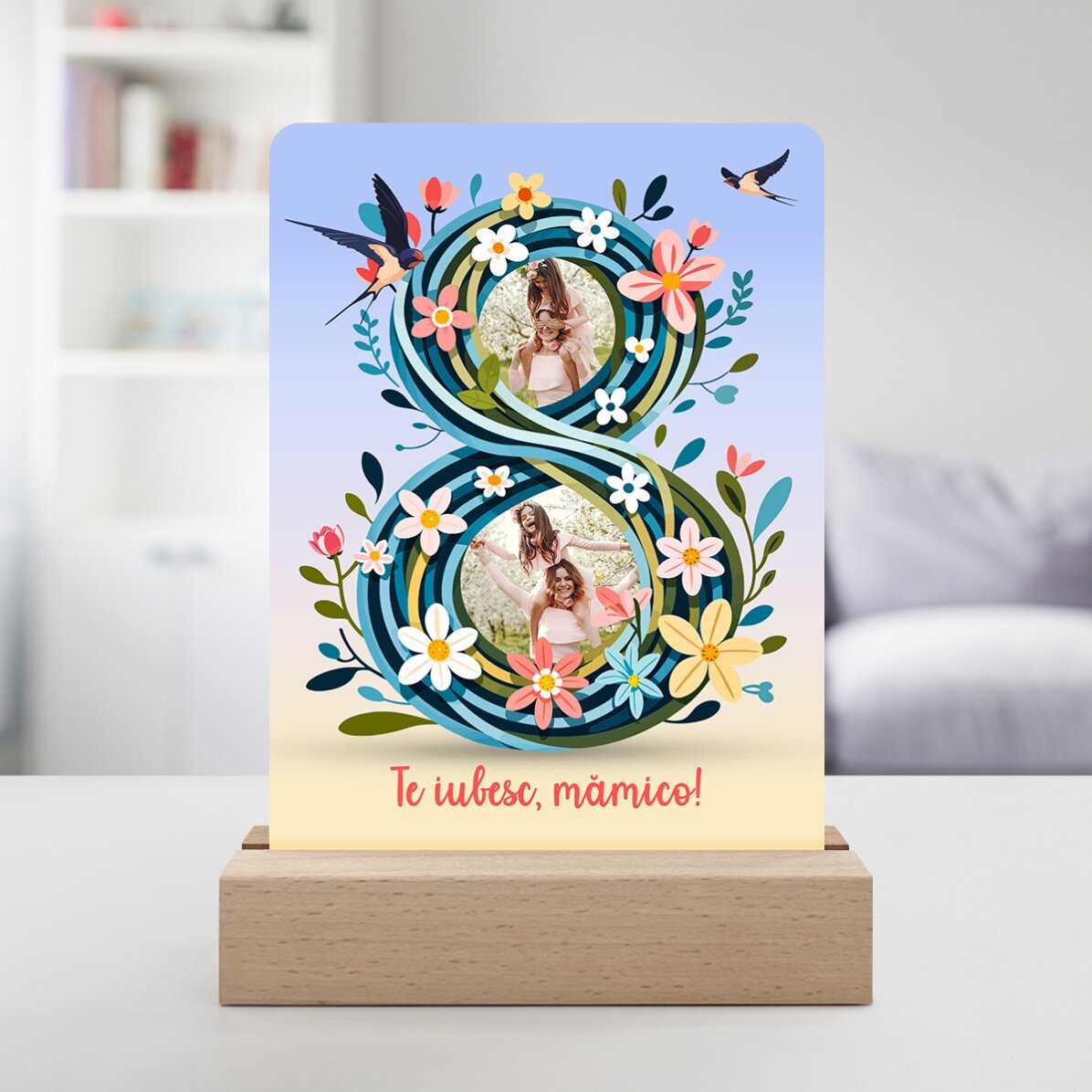 Lampada da comodino a LED personalizzata con 2 foto e testo - 8 floral