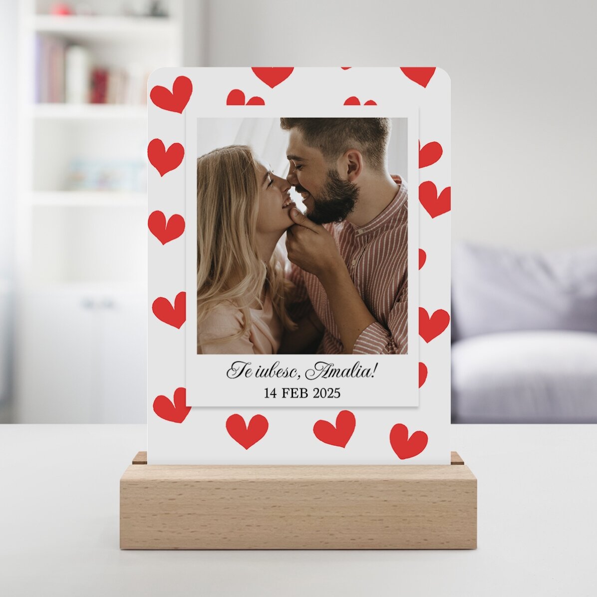 Lampada da comodino a LED personalizzata con foto e messaggio - Cuoricini
