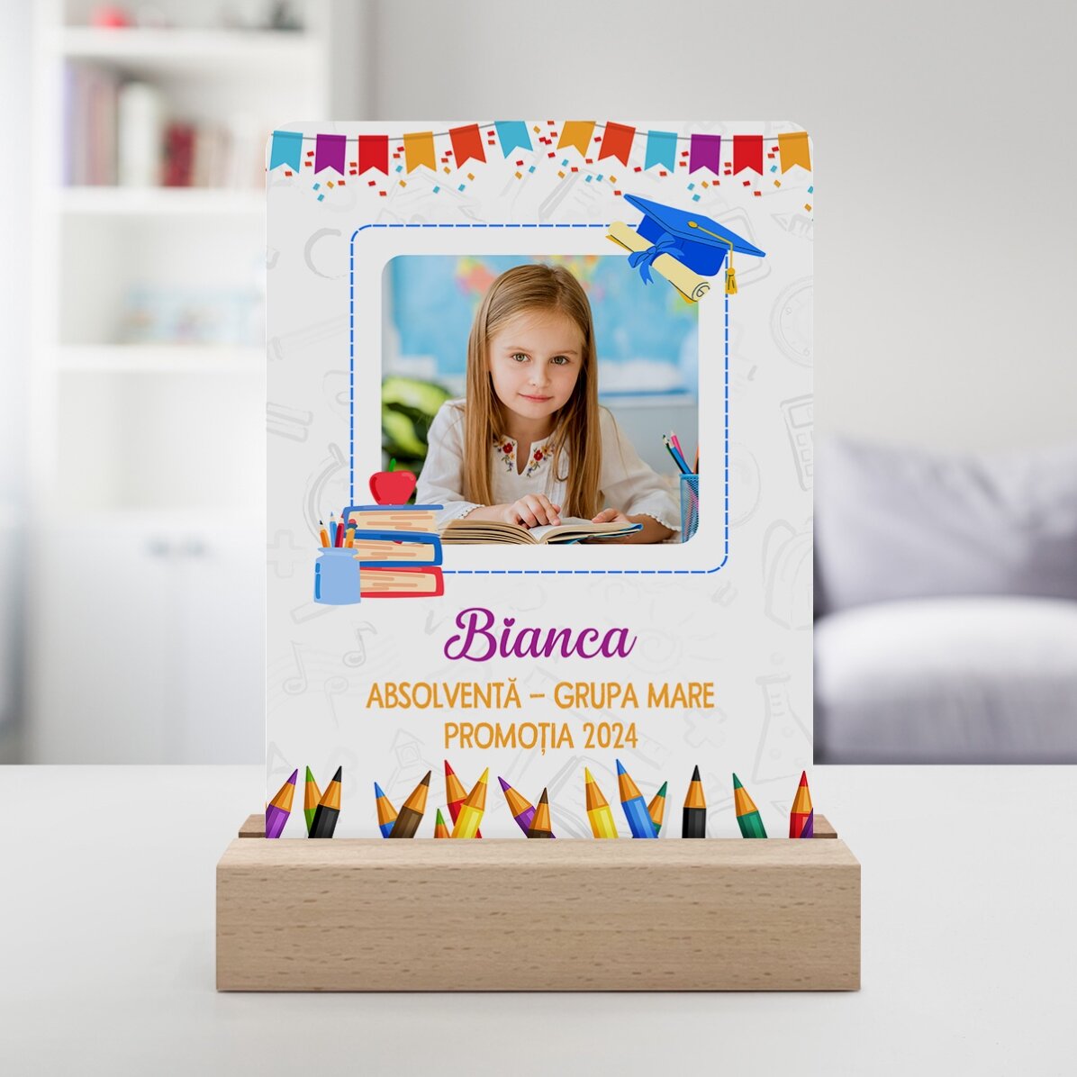 Lampada da comodino a LED personalizzata con foto e messaggio per bambini - Diploma
